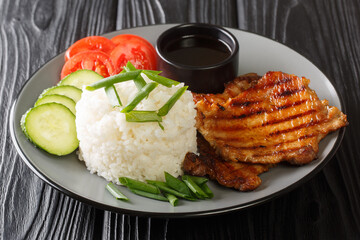 Com Tam Vietnamese Broken Rice with Grilled Pork close-up in a plate on the table. Horizontal