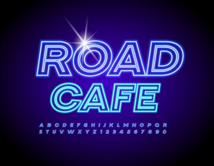 Vector Neon Signboard Road Cafe. Bright Glowing Font. Electric Alphabet Letters and Numbers