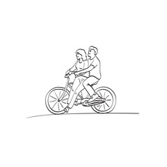line art couple is riding a bicycle in the park illustration vector isolated on white background