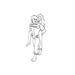 line art boyfriend is piggy backing his cute lover on the beach illustration vector isolated on white background