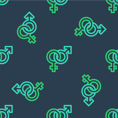 Line Gender icon isolated seamless pattern on blue background. Symbols of men and women. Sex symbol. Vector
