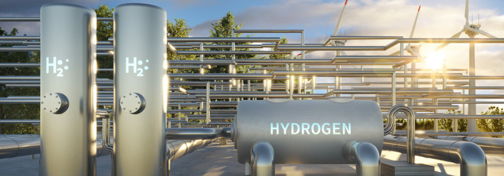 Industrial production line with modern hydrogen storage and H2 Hydrogen logo. Renewable or sustainable electricity. Clean alternative ecological energy. 3D rendering.