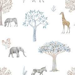 Beautiful vector seamless pattern with hand drawn watercolor cute trees and safari elephant giraffe zebra animals. Stock illustration. - obrazy, fototapety, plakaty