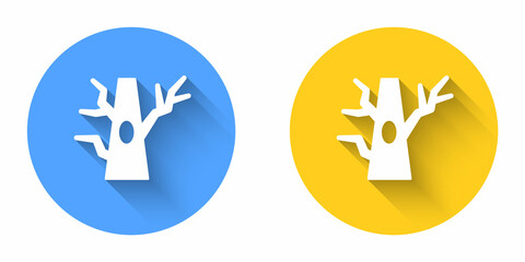 White Bare tree icon isolated with long shadow background. Circle button. Vector