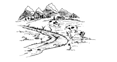 Fototapeta na wymiar Rural landscape with house, mountains, alpine meadow, cows. Vector illustration. Sketch.