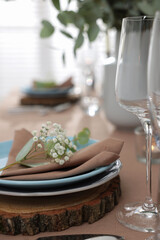 Festive table setting with beautiful tableware and decor, closeup