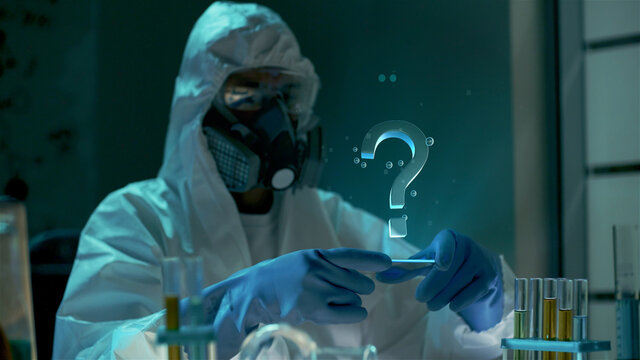 Scientist looks at virtual holographic 3D rotating question sign floating in the air