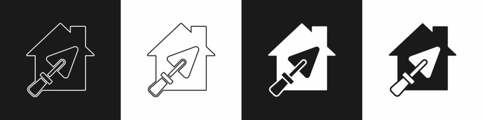 Set House or home with trowel icon isolated on black and white background. Adjusting, service, setting, maintenance, repair, fixing. Vector