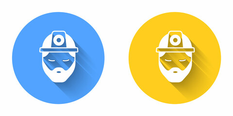 White Builder icon isolated with long shadow background. Construction worker. Circle button. Vector