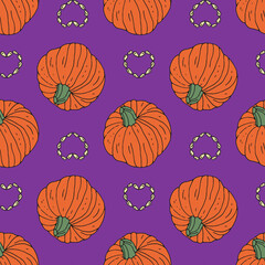 Seamless pattern with hand drawn pumpkins. Purple background. Autumn digital paper.