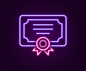 Glowing neon line Certificate template icon isolated on black background. Achievement, award, degree, grant, diploma concepts. Colorful outline concept. Vector