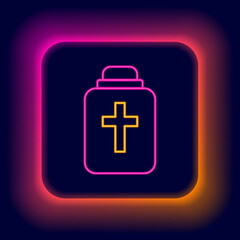 Obraz premium Glowing neon line Funeral urn icon isolated on black background. Cremation and burial containers, columbarium vases, jars and pots with ashes. Colorful outline concept. Vector
