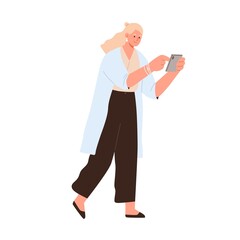 Woman use mobile phone on go. Happy person walk with smartphone, surfing internet and social media. Female with cellphone during online chatting. Flat vector illustration isolated on white background