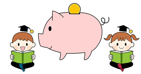 お金の勉強をして詳しくなった子どもたちと貯金箱