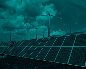 Solar photovoltaic panels and wind turbines. Energy concept - obrazy, fototapety, plakaty