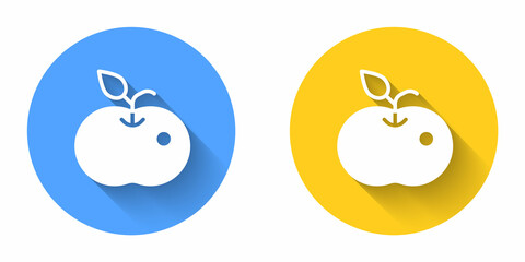White Poison apple icon isolated with long shadow background. Poisoned witch apple. Circle button. Vector