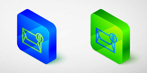 Isometric line Mail and e-mail icon isolated grey background. Envelope symbol e-mail. Email message sign. Blue and green square button. Vector