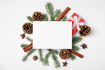 Beautiful Christmas decor and blank card on white background, flat lay - Powered by Adobe
