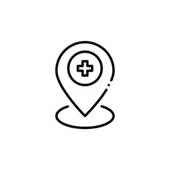 Map pointer with a cross sign. Medical assistance and hospital location. Pixel perfect, editable stroke