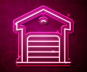 Glowing neon line Warehouse icon isolated on red background. Vector