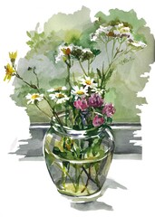 Wildflowers bouquet in vase watercolor illustration for all prints.