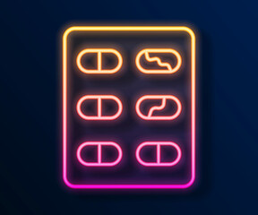 Glowing neon line Pills in blister pack icon isolated on black background. Medical drug package for tablet, vitamin, antibiotic, aspirin. Vector