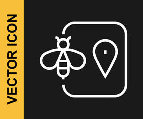 White line Bee location map pin pointer icon isolated on black background. Farm animal map pointer. Vector