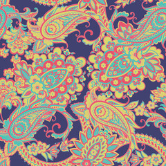 Floral fabric background with paisley ornament. Seamless vector pattern