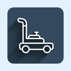 White line Lawn mower icon isolated with long shadow background. Lawn mower cutting grass. Blue square button. Vector