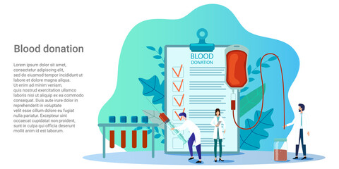 Blood donation.Laboratory assistants are engaged in the procedure of receiving blood from donors.A business-style poster.Vector illustration.