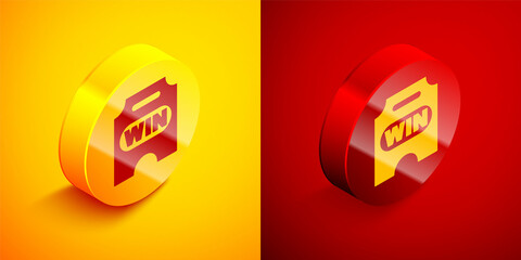 Isometric Circus ticket icon isolated on orange and red background. Amusement park. Circle button. Vector
