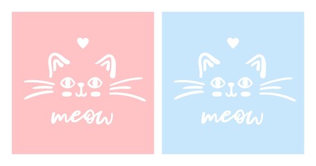 Set of two cute cat faces meow vector doodle illustration isolated on blue and pink background with lettering meow. Children baby nursery pastel poster for boy or girl.