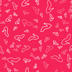 White line Woman shoe with high heel icon isolated seamless pattern on red background. Vector