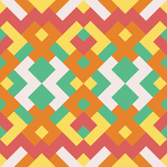 Abstract seamless pattern. Mosaic texture for textile, clown, carpeting, warp, book cover, clothes. Vector geometric background of triangles in green, yellow and red colors
