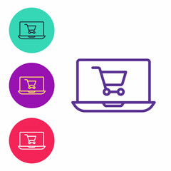 Set line Shopping cart on screen laptop icon isolated on white background. Concept e-commerce, e-business, online business marketing. Set icons colorful. Vector
