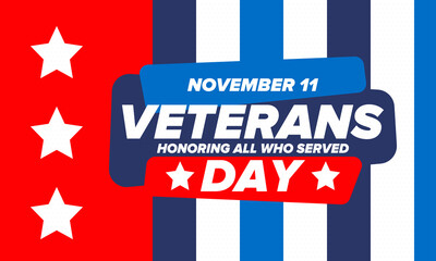 Veterans Day in United States. Federal holiday, celebrated annual in November 11. Honoring all who served. Patriotic american military concept. Poster, card, banner and background. Vector illustration