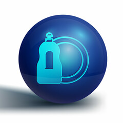Obraz premium Blue Dishwashing liquid bottle and plate icon isolated on white background. Liquid detergent for washing dishes. Blue circle button. Vector