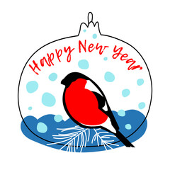 Bullfinch and Christmas tree toy. The stylized bullfinch sits in a Christmas tree toy against a background of snow. Funny doodles on a New Year's theme.