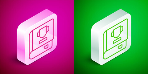 Isometric line Book icon isolated on pink and green background. Silver square button. Vector