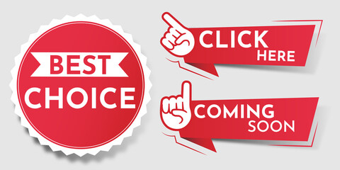 Red stickers. Paper sticker set, badges vector templates. Click here. Coming soon. Best choice