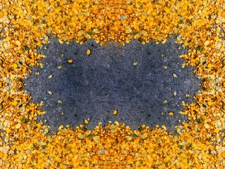 Colorful yellow and orange autumn leaves border frame background.