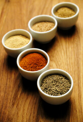 Obraz na płótnie Canvas Trikatu plus spices and herbs: black pepper, cayenne pepper, ginger, nutmeg, coriander and cloves. Ayurvedic traditional herbal remedy