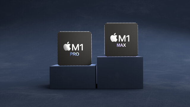 The two new Apple M1 PRO and M1 MAX CPUs standing on two pedestals. Mockup CPUs as 3d render.