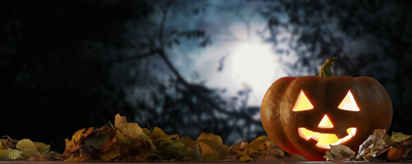 Halloween night scene with lantern in pumpkin - 3d rendering