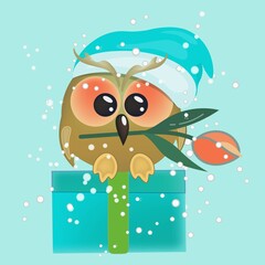 Cute owlet with a tulip in its beak, in a Christmas cap. Cartoon character sitting on a gift box. This is a positive, wise bird. Isolated vector illustration on blue background.