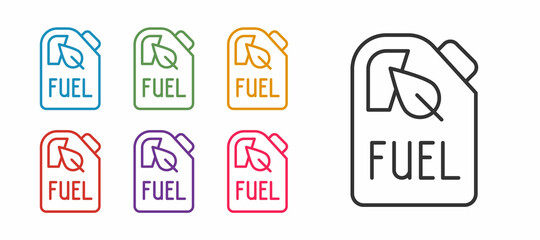 Set line Bio fuel canister icon isolated on white background. Eco bio and barrel. Green environment and recycle. Set icons colorful. Vector