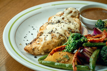 Baked chicken breast with cheese and boiled vegetables, broccoli in a white plate on a wooden table