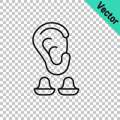Black line Earplugs and ear icon isolated on transparent background. Ear plug sign. Noise symbol. Sleeping quality concept. Vector