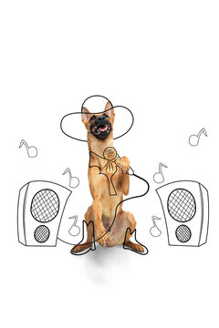 Artwork. One cute breed dog in image of pop singer isolated on white studio background with drawings.