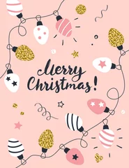 Wandcirkels plexiglas Greeting card template with festive garland and calligraphy text. Christmas postcard design. Hand drawn vector illustration. © Colorlife